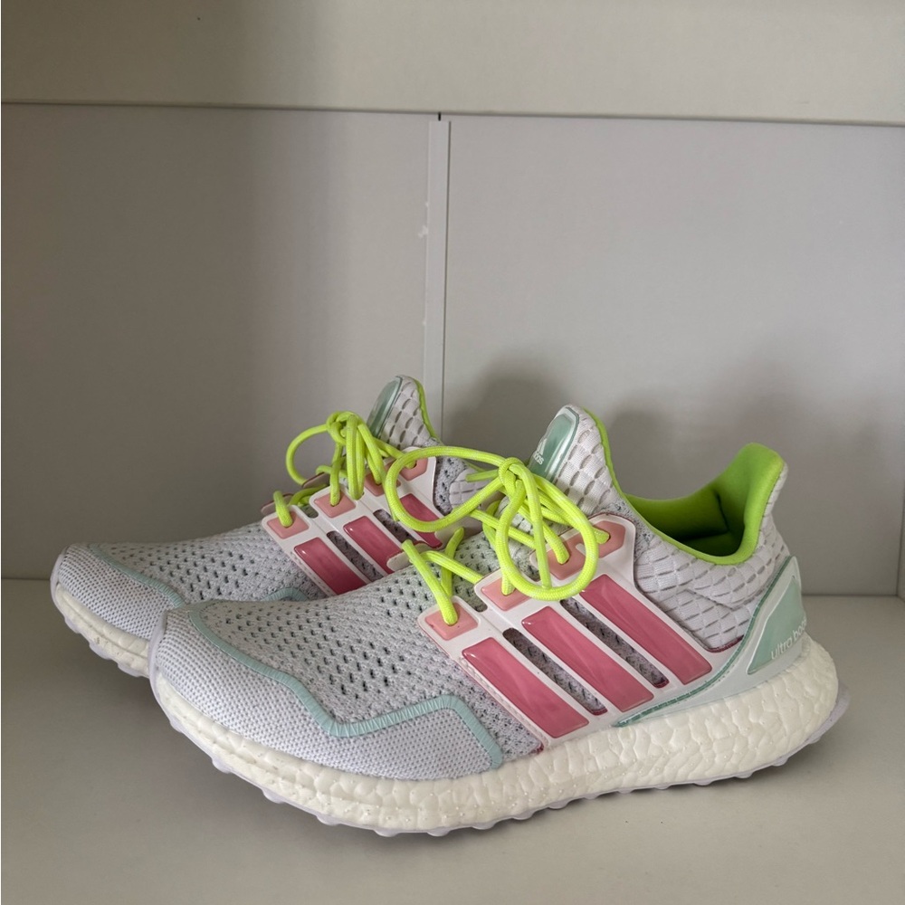 adidas White Sneakers with Pink Stripes and Neon Yellow Laces